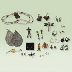 Cottagecore Vintage Costume Jewelry Lot 38 Pc Earrings Pins Necklace Ring Mixed